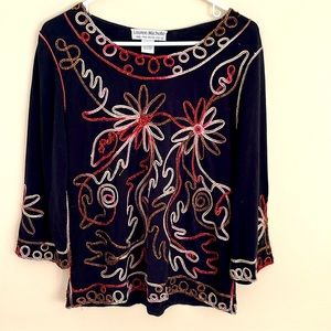 LAUREN MICHELLE Vintage Colorful Embroidered Black Top